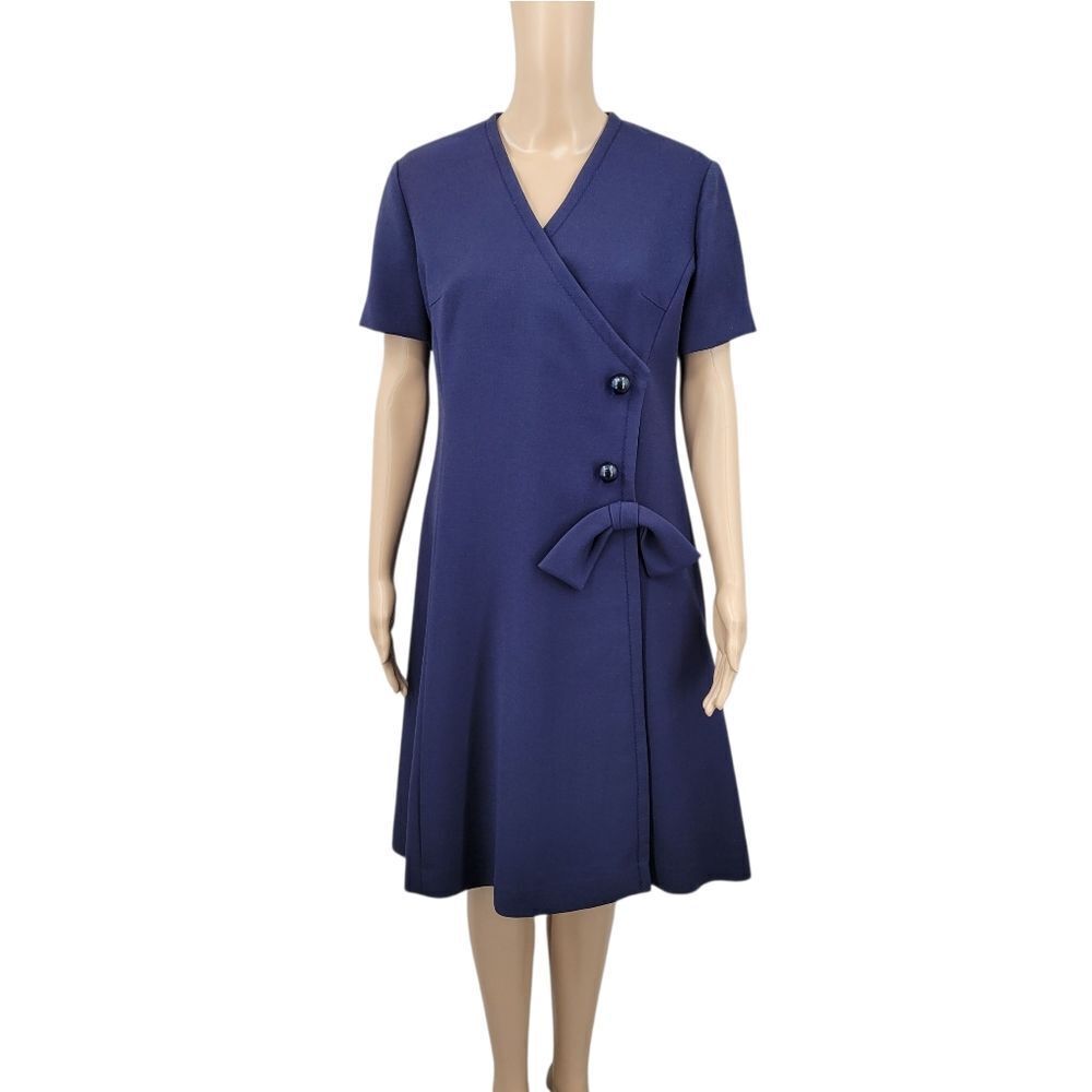 60s Mod European Wool Navy Blue Wrap Dress With Bow